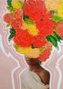 Flowers painted over cut out photo of woman