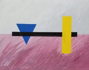 Blue, yellow and black geometric shapes on a pink and white background