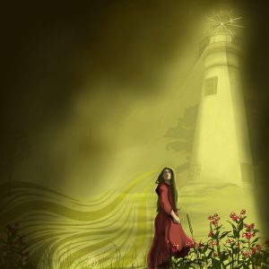 Long haired person in red dress standing at the foot of lighthouse