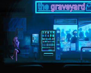 Person sitting outside store named "the graveyard"