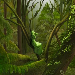 green person in long dress sitting on tree branch in forest