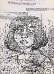 Ink portrait on collage with printed text and lined notebook pages