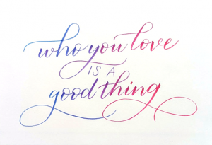 Red and blue gradient cursive text