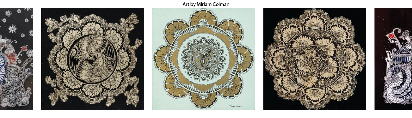 gallery of ink drawings. All have black backgrounds, except the one in the center which is gold and black ink on a pale background