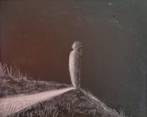 black and white acrylic painting showing figure standing in front of a black background