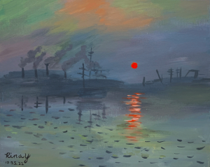 Loose oil painting of sunrise over water, with smoke stacks in distance.