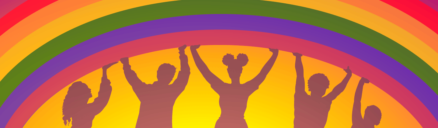 silhouettes of 5 people holding up a rainbow