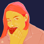 Person with pink hair biting red apple