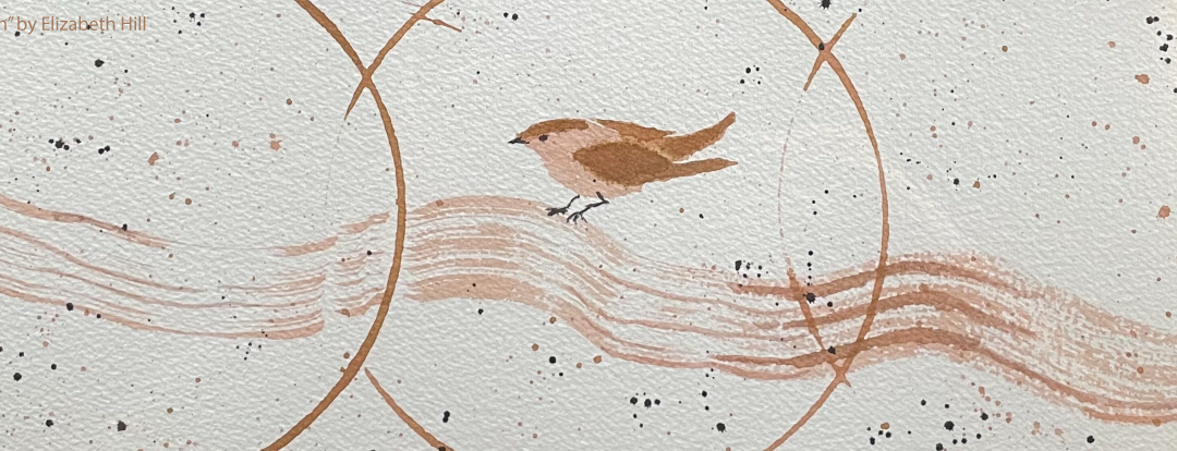 Painting of small bird standing on a calligraphic wave passing through 3 circles