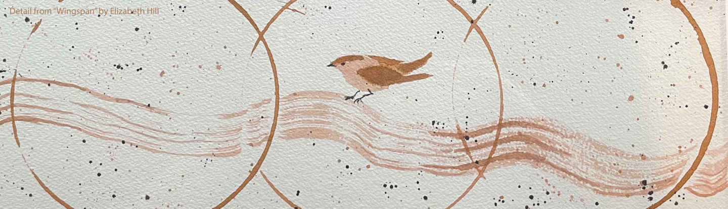 Painting of small bird standing on a calligraphic wave passing through 3 circles