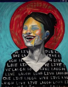 oil painting of a screenshot person with pale skin and dark hair in bun hairstyle with red halo behind their head. They are wearing a black jacket with the words live laugh love on it.
