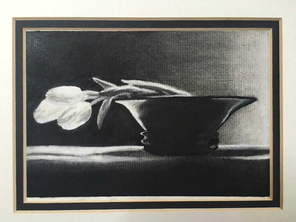 charcoal drawing of tulips in bowl
