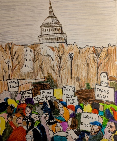 People holding signs in the foreground, trees in the middle ground, and a building with a domed roof in the background.