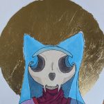 drawing of cat skull wearing a blue headdress