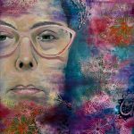Painting of person with pale skin and glasses, overlaid with floral pattterns