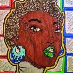 Drawing of person with mahogany skin tone, short curly hair, blue lipstick and blue earrings
