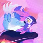 Painting of blue canid furry with antlers and a dark blue and pink bird-like creature